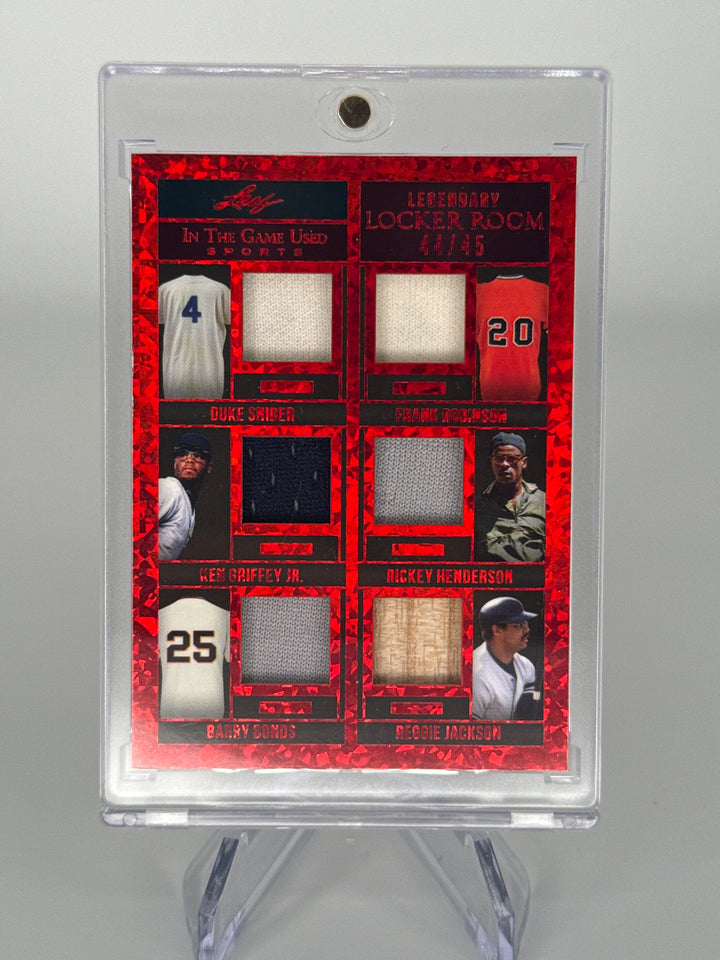 2022 Leaf In The Game Used Sports Legendary Locker Room, Duke Snider/Frank Robinson/Ken Griffey Jr/Rickey Henderson/Barry Bonds/Reggie Jackson Game Used Relics, 44/45