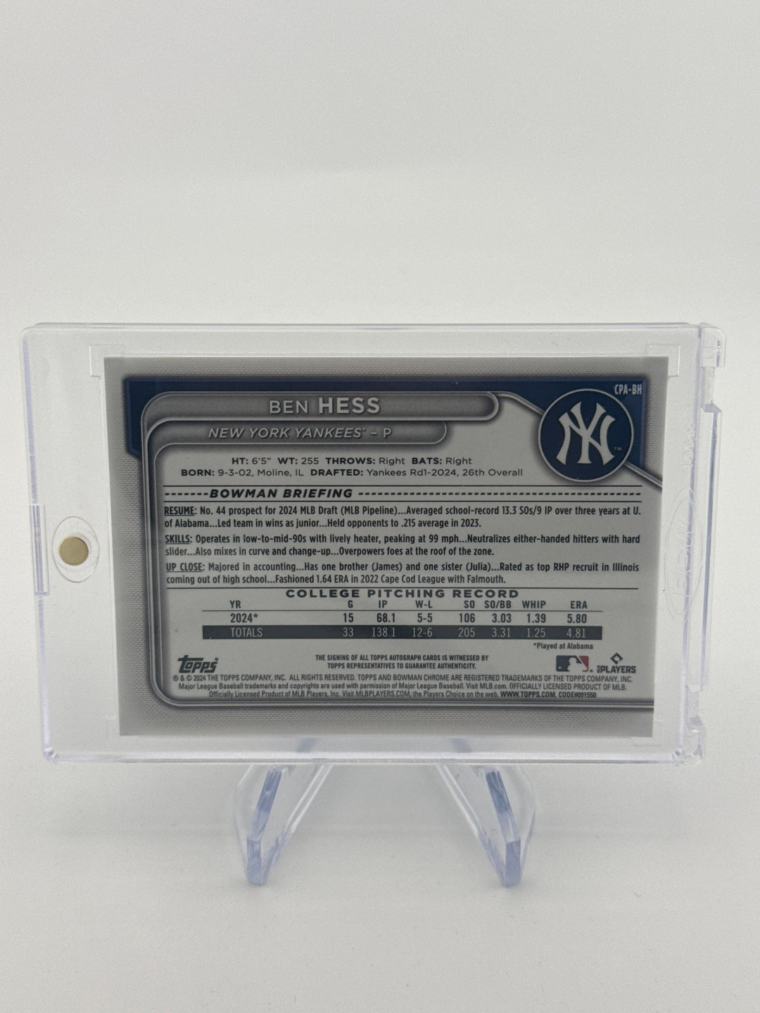 Ben Hess 2024 Bowman Chrome Sapphire 1st Bowman Auto, 115/199