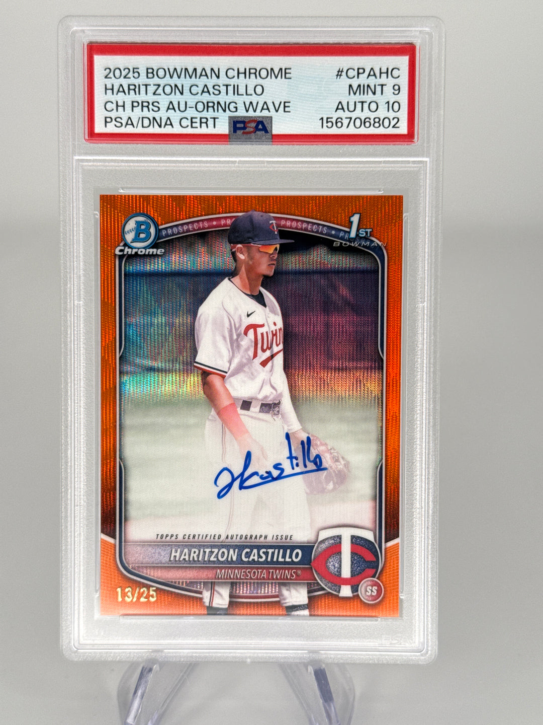 Haritzon Castillo 2025 Bowman Chrome Orange Wave Refractor 1st Auto, 13/25, PSA 9 Mint, PSA 10 Auto