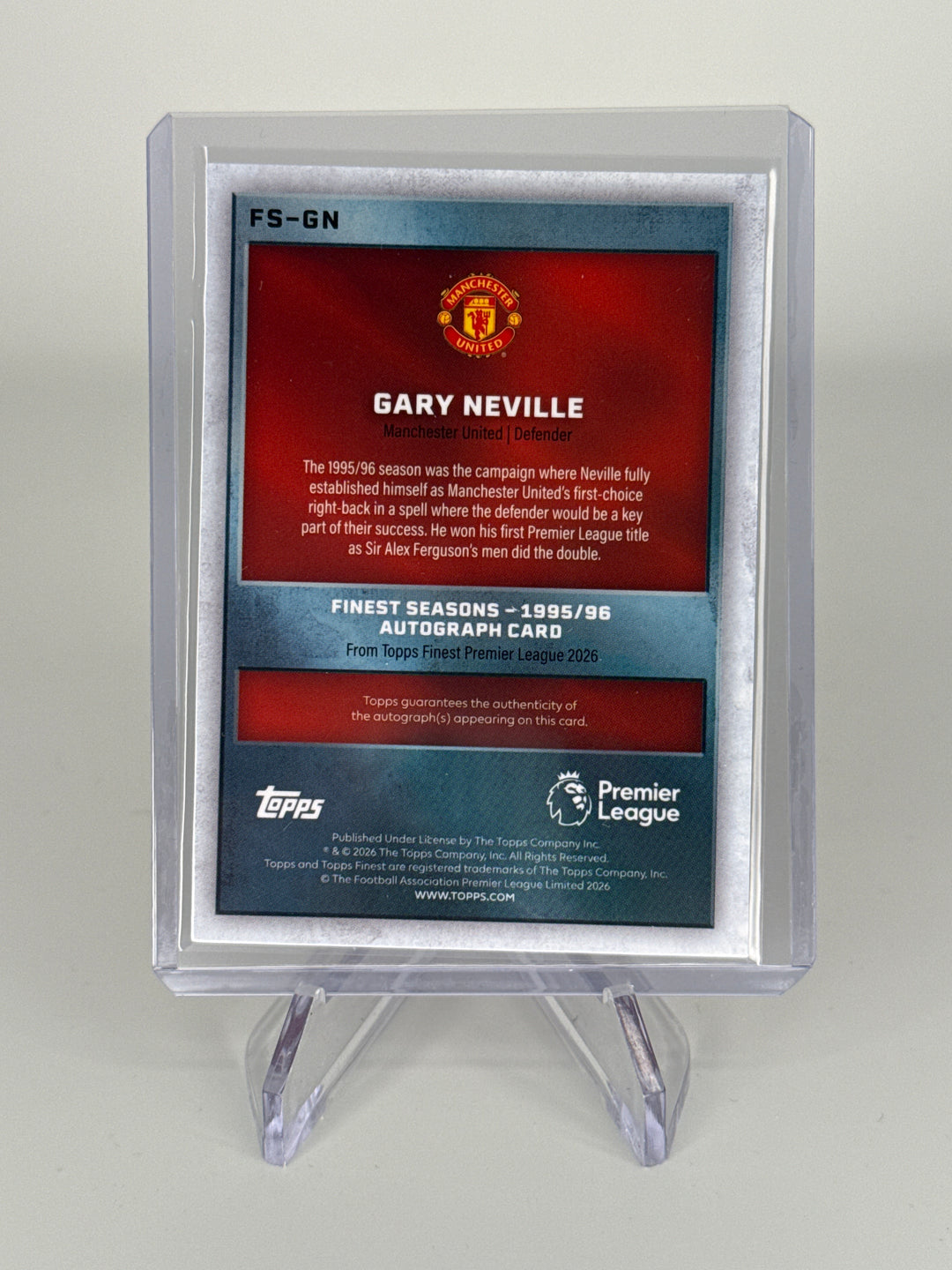 Gary Neville 2026 Topps Finest 1995/96 Gold Refractor Auto, 46/50