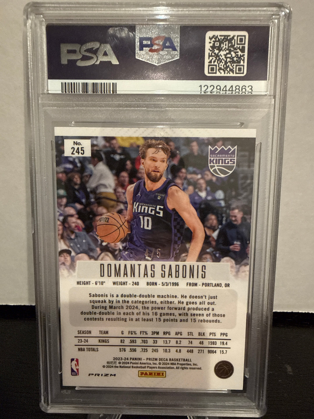 Domantas Sabonis 2023 Panini Prizm Deca Black/Gold Prizm, 4/5, PSA 10 Gem Mint