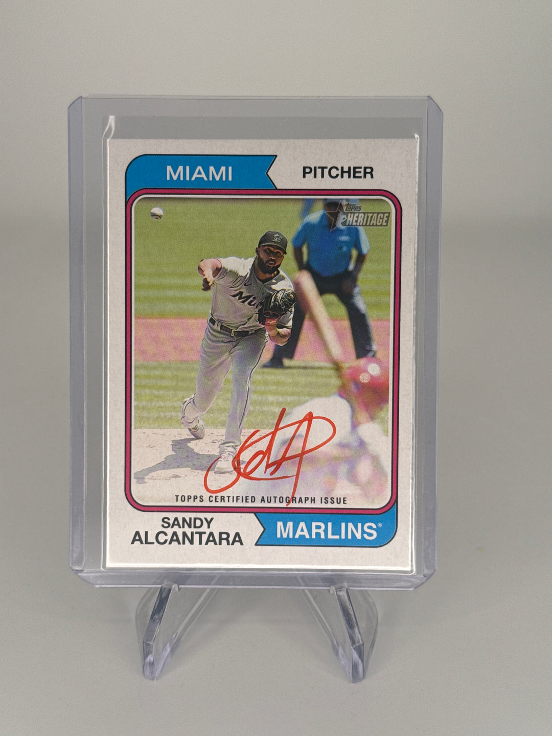 Sandy Alcantara 2023 Topps Heritage Real One Red Auto, 14/74