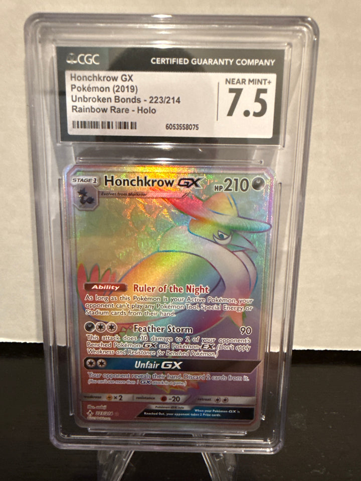 Pokemon TCG 2019 Honchkrow GX Sun & Moon Unbroken Bonds Rainbow Rare Full Art, 223/214, CGC 7.5