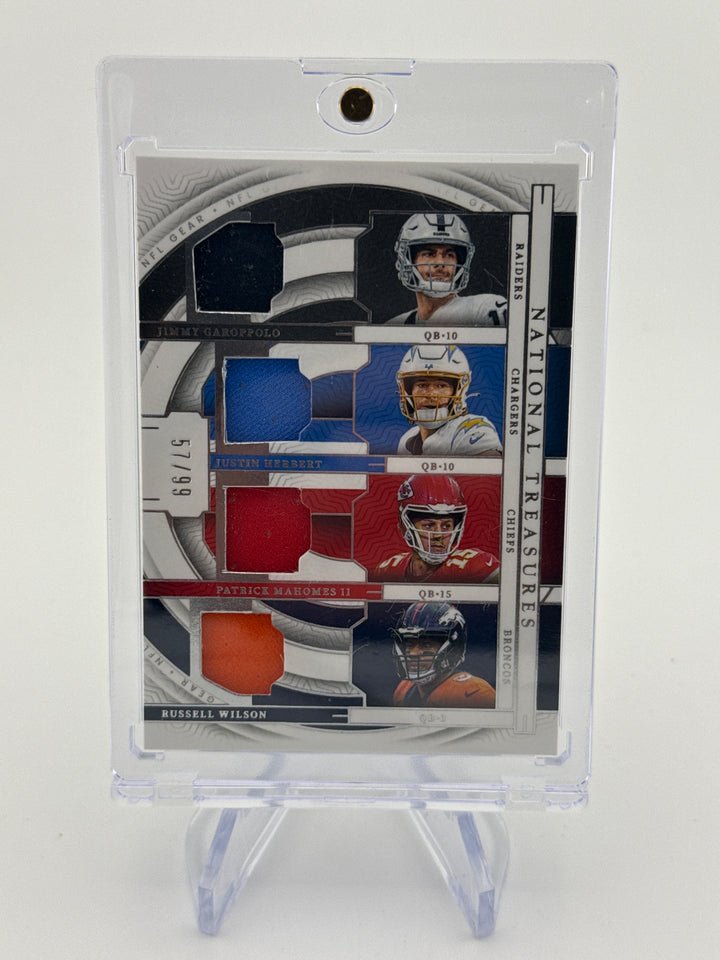 Jimmy Garoppolo/Justin Herbert/Patrick Mahomes/Russell Wilson 2023 Panini National Treasures Quad Relic, 57/99