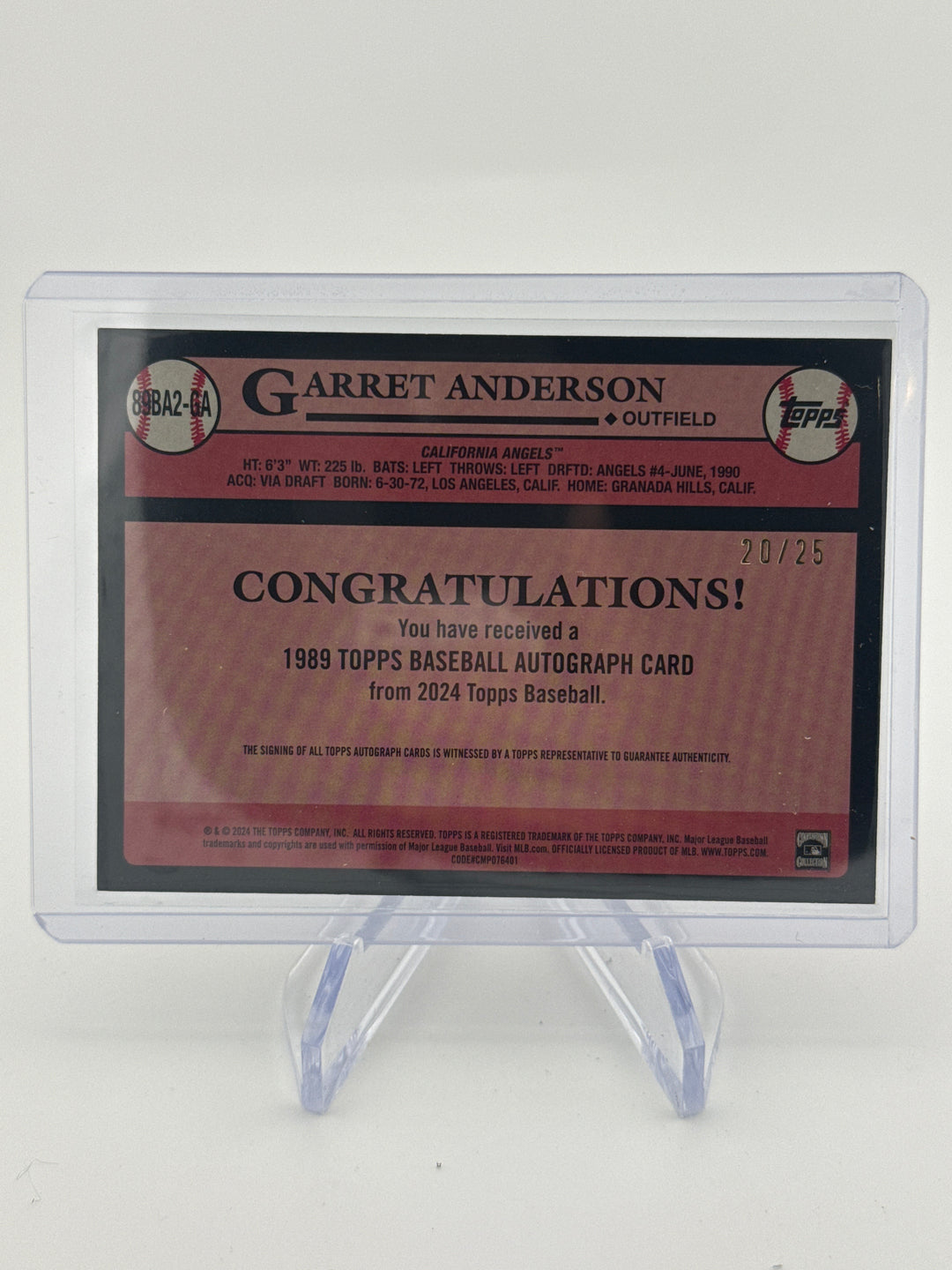 Garret Anderson 2024 Topps Series One 1989 35th Anniversary Orange Auto, 20/25