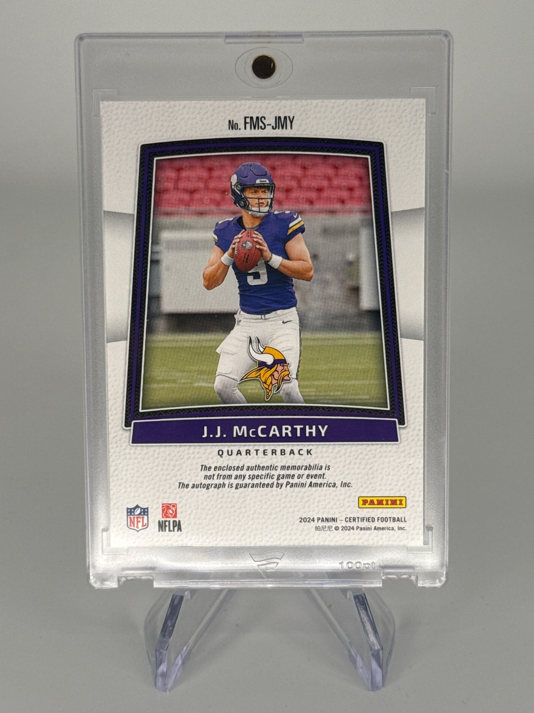 JJ McCarthy 2024 Panini Certified Freshman Fabric Rookie Patch Auto Blue, 87/99