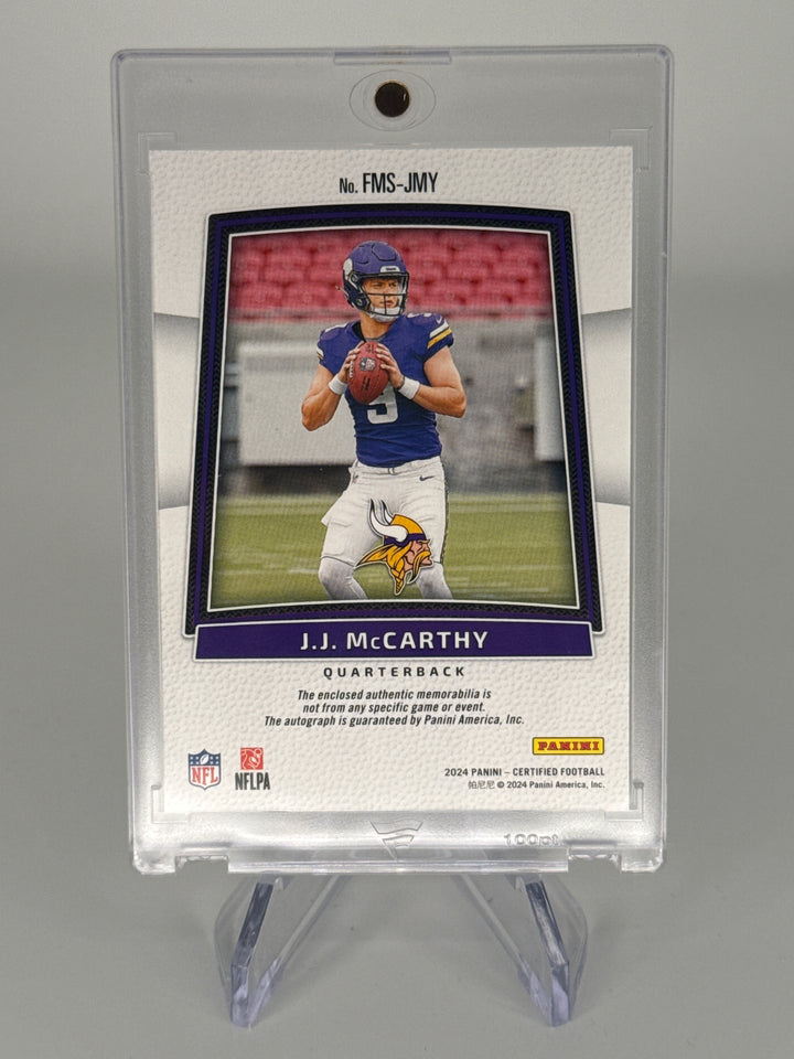 JJ McCarthy 2024 Panini Certified Freshman Fabric Rookie Patch Auto Blue, 87/99