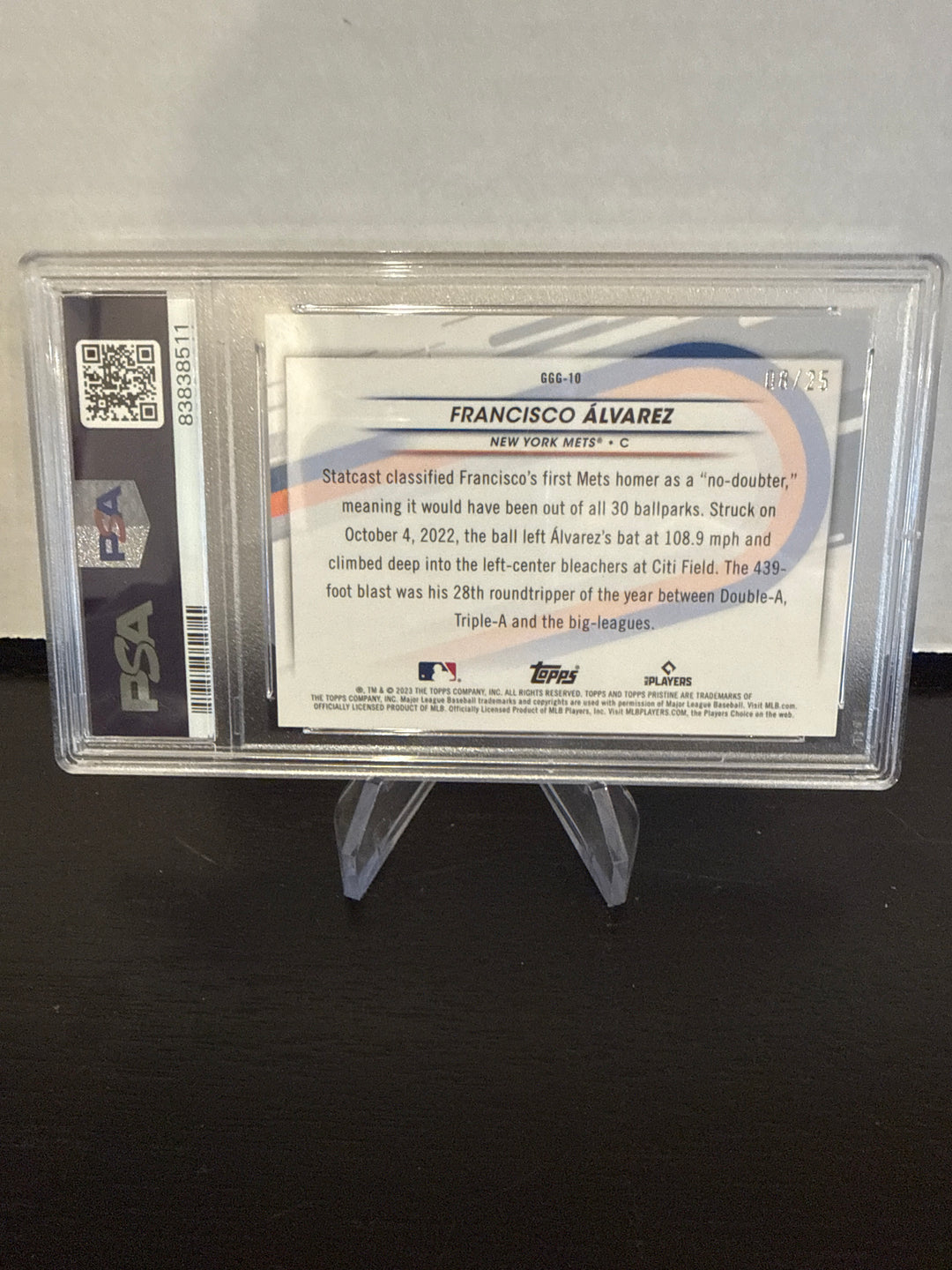 Francisco Alvarez 2023 Topps Pristine Going Going Gone Orange Refractor Rookie, 08/25, PSA 9 Mint