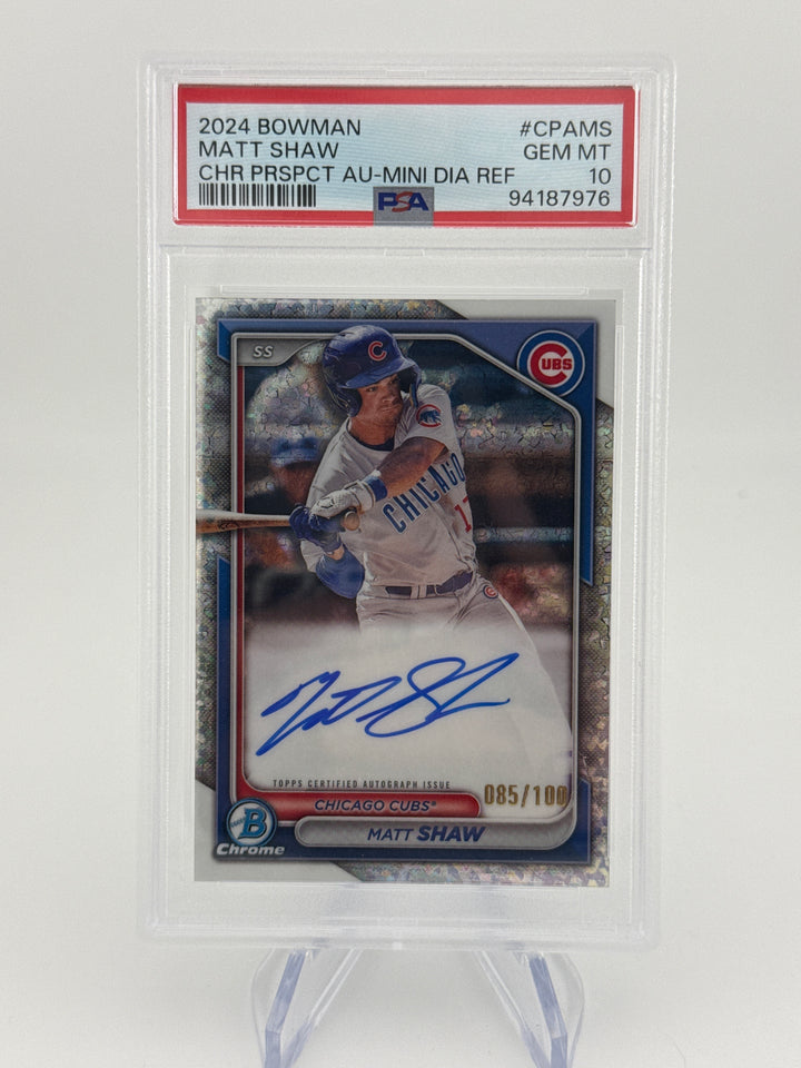 Matt Shaw 2024 Bowman Chrome Mini Diamond Refractor Prospect Auto, 085/100, PSA 10 Gem Mint