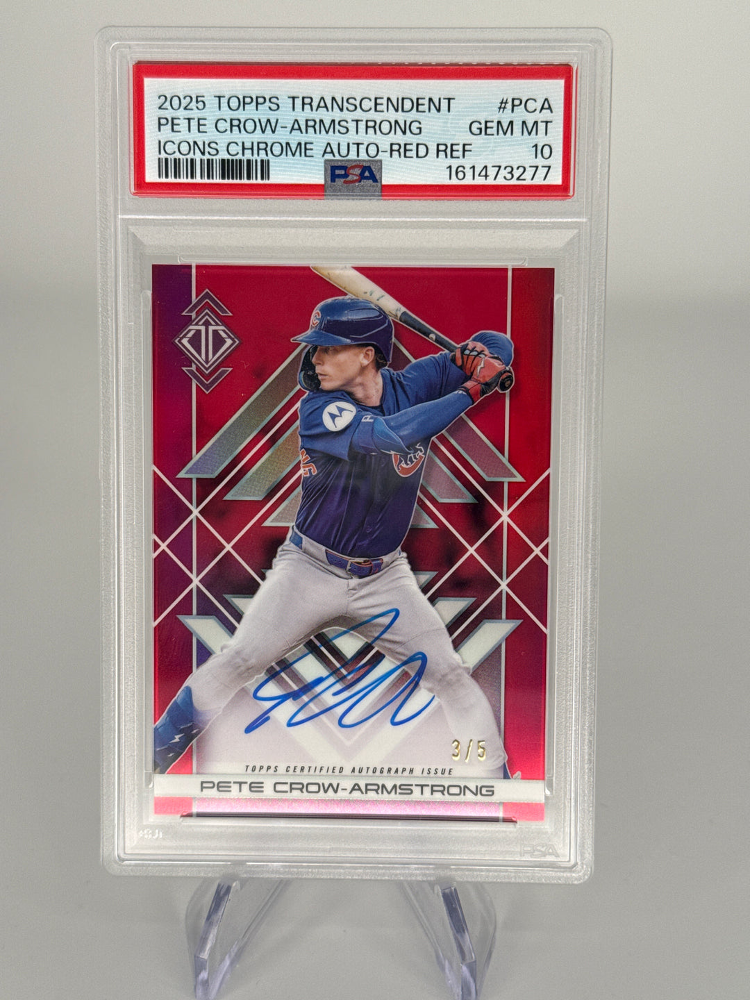 Pete Crow-Armstrong 2025 Topps Transcendent Icons Red Refractor Auto, 3/5, PSA 10 Gem Mint