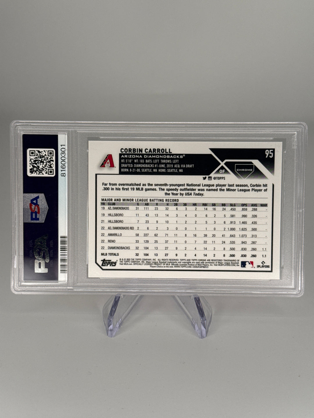 Corbin Carroll 2023 Topps Chrome Magenta Rookie, 082/399, PSA 9 Mint