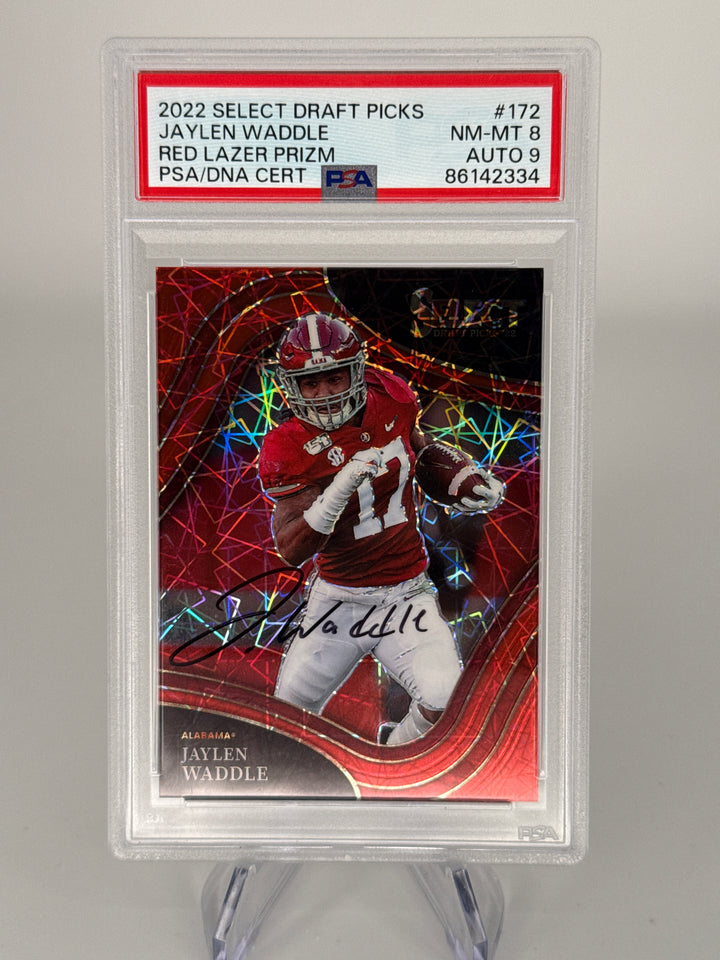 Jaylen Waddle 2022 Panini Select Draft Picks Red Lazer Rookie, PSA 9 Auto