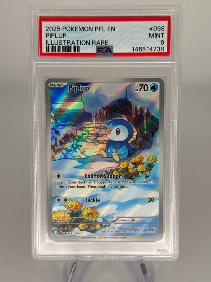 Pokemon TCG 2025 Piplup Phantasmal Flames Full Art Illustration Rare, 098/094, PSA 9 Mint