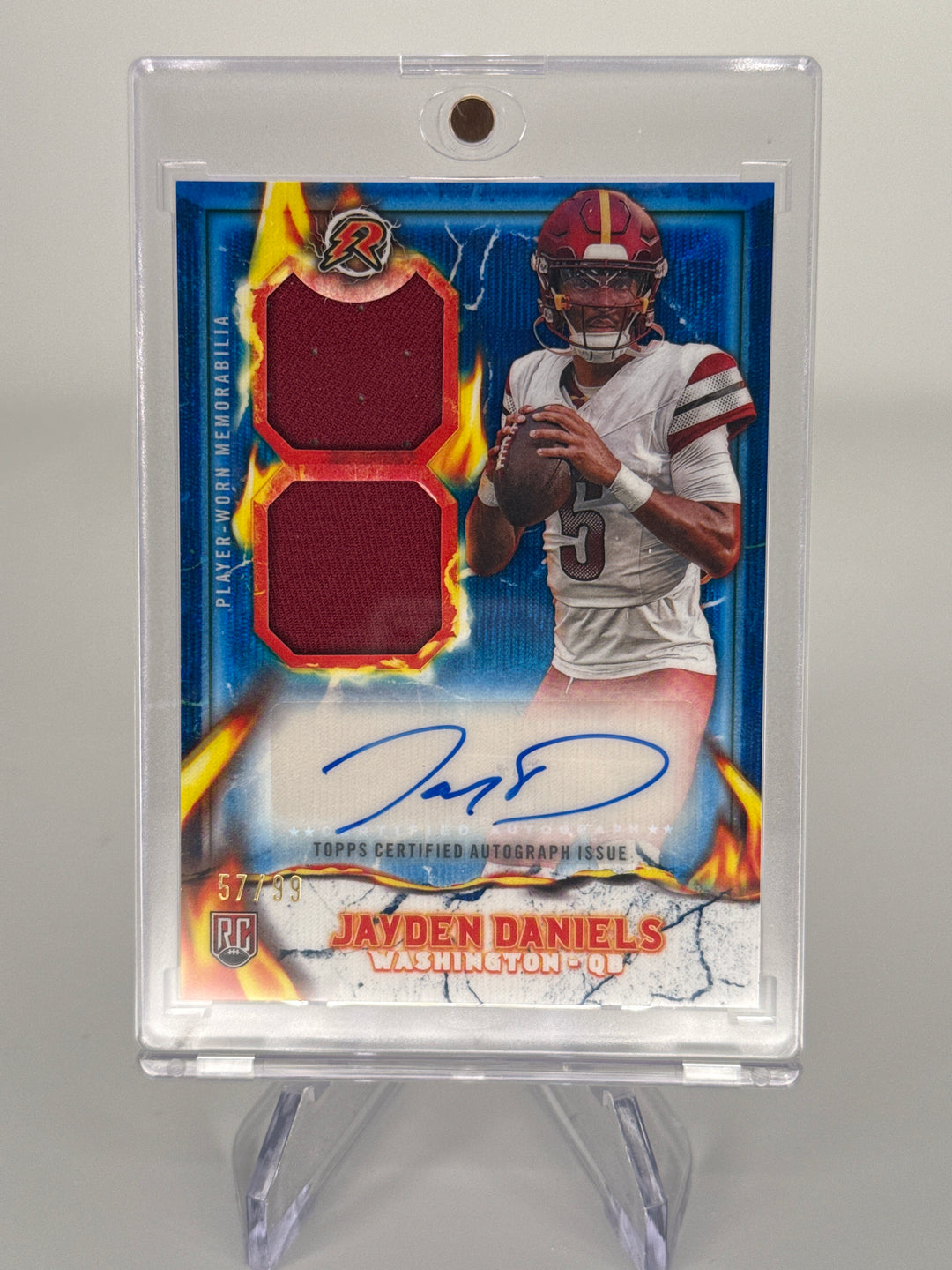Jayden Daniels 2024 Topps Resurgence Rookie Dual Patch Auto Blue Wave, 57/99