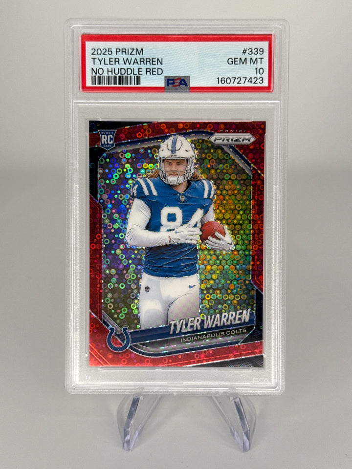 Tyler Warren 2025 Panini Prizm No Huddle Red Prizm Rookie, 99/99, PSA 10 Gem Mint