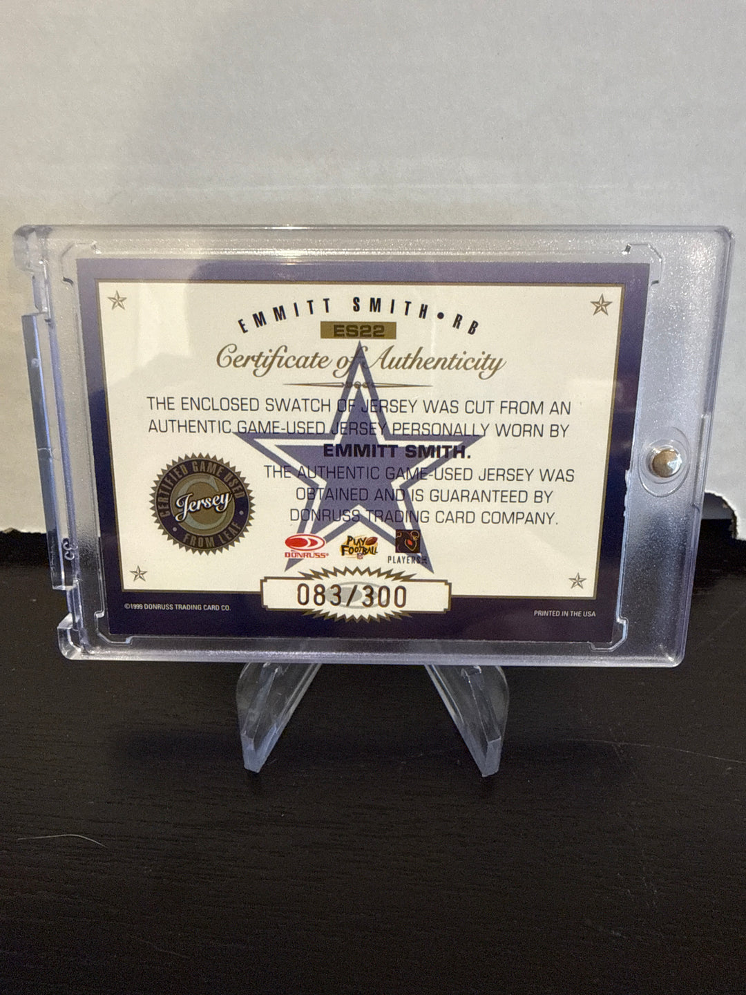 Emmitt Smith 1999 Donruss Certified Gridiron Gear Game Used Relic, 083/300