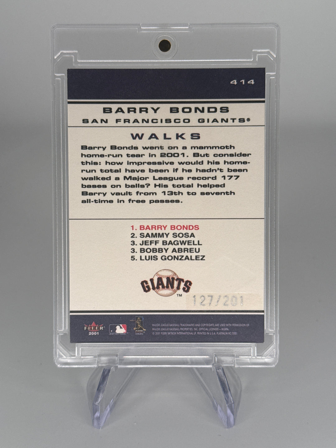 Barry Bonds 2001 Fleer Platinum Chart Toppers, 127/201