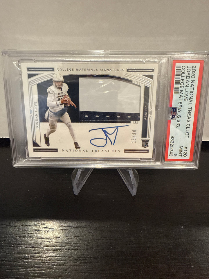 Jordan Love 2020 Panini National Treasures Collegiate Rookie Patch Auto, 15/99, PSA 9 Mint
