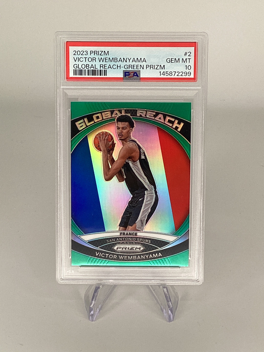 Victor Wembanyama 2023 Panini Prizm Global Reach Green Prizm Rookie, PSA 10 Gem Mint