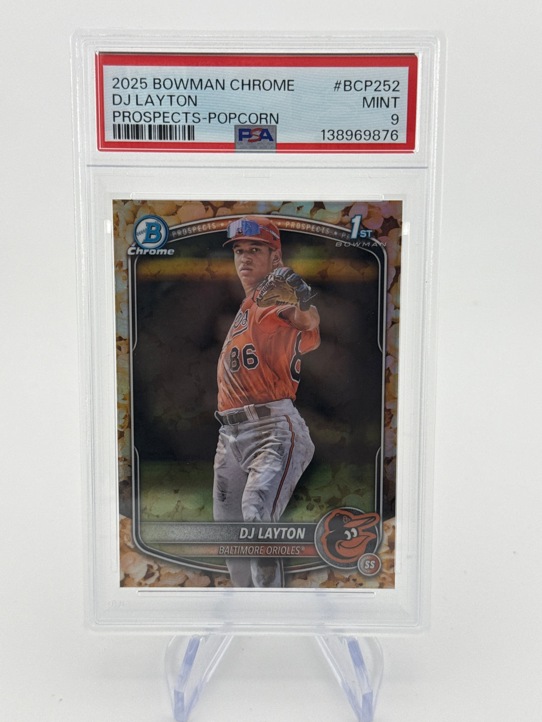 DJ Layton 2025 Bowman Draft Chrome 1st Popcorn Refractor Snack Pack SSP, PSA 9 Mint