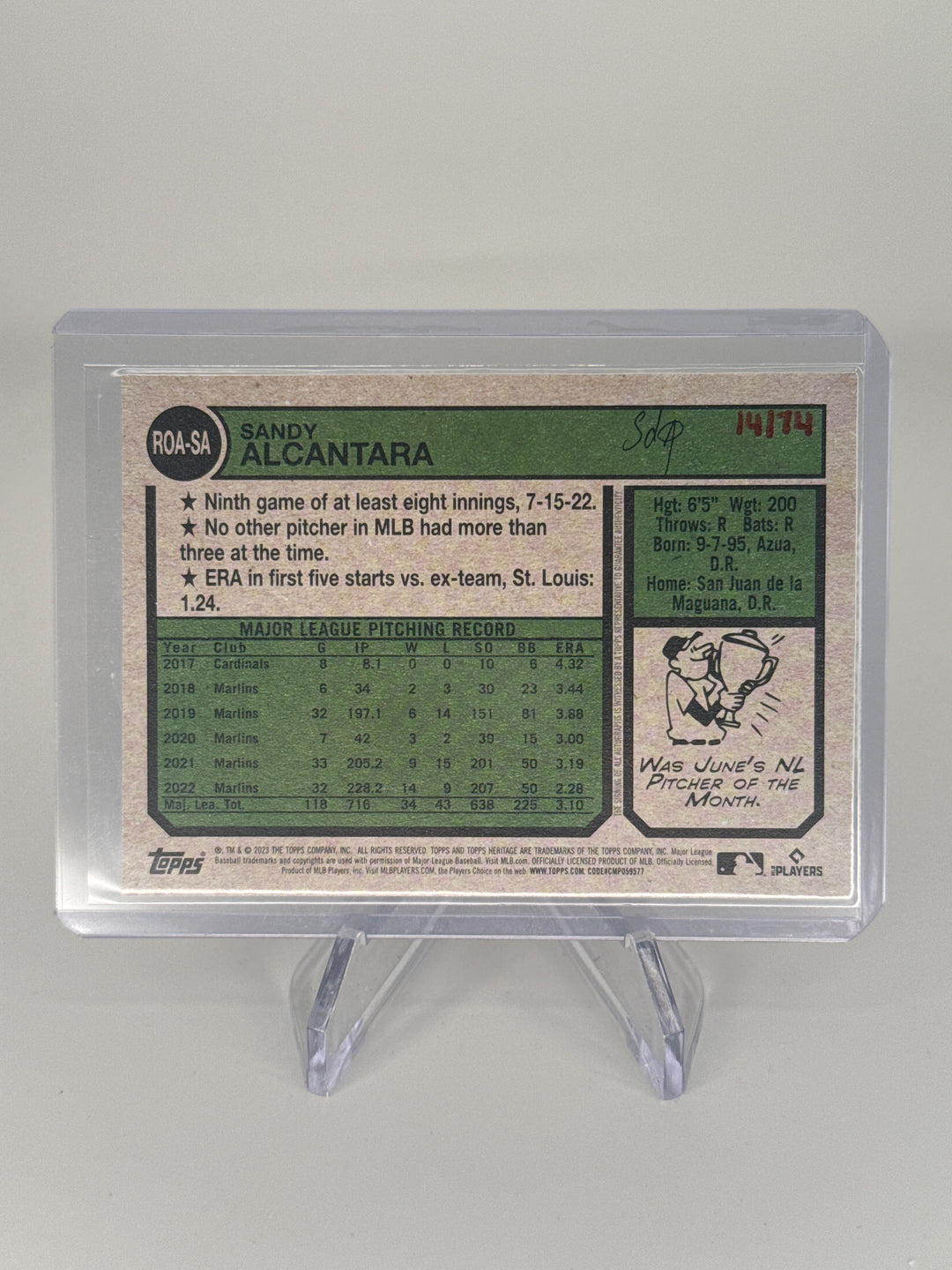 Sandy Alcantara 2023 Topps Heritage Real One Red Auto, 14/74