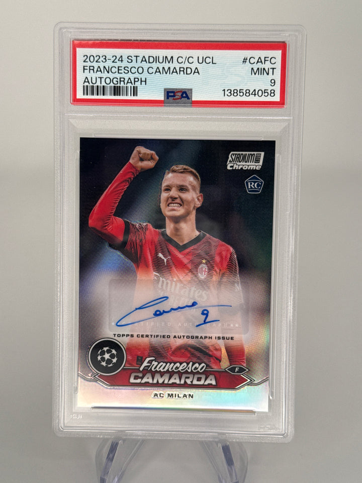 Francesco Camarda 2023-2024 Topps Stadium Club Chrome Champions League Rookie Auto, PSA 9 Mint