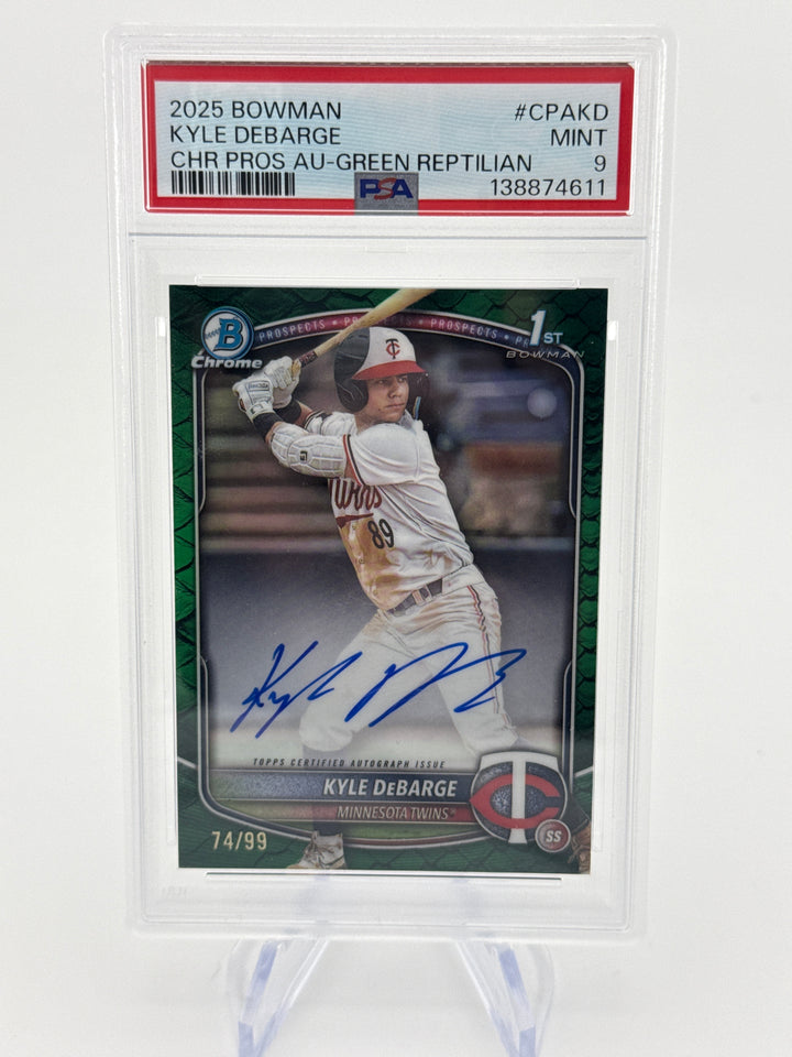 Kyle DeBarge 2025 Bowman Chrome Prospects Green Reptilian 1st Auto, 74/99, PSA 9 Mint