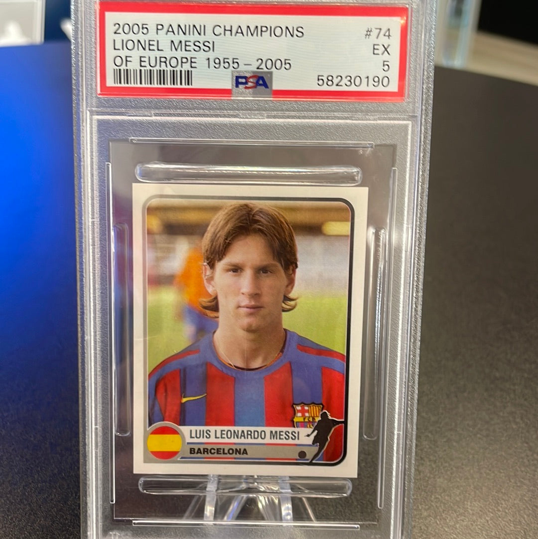 Lionel Messi 2005 Panini Champions of Europe, Rookie Sticker, PSA 5