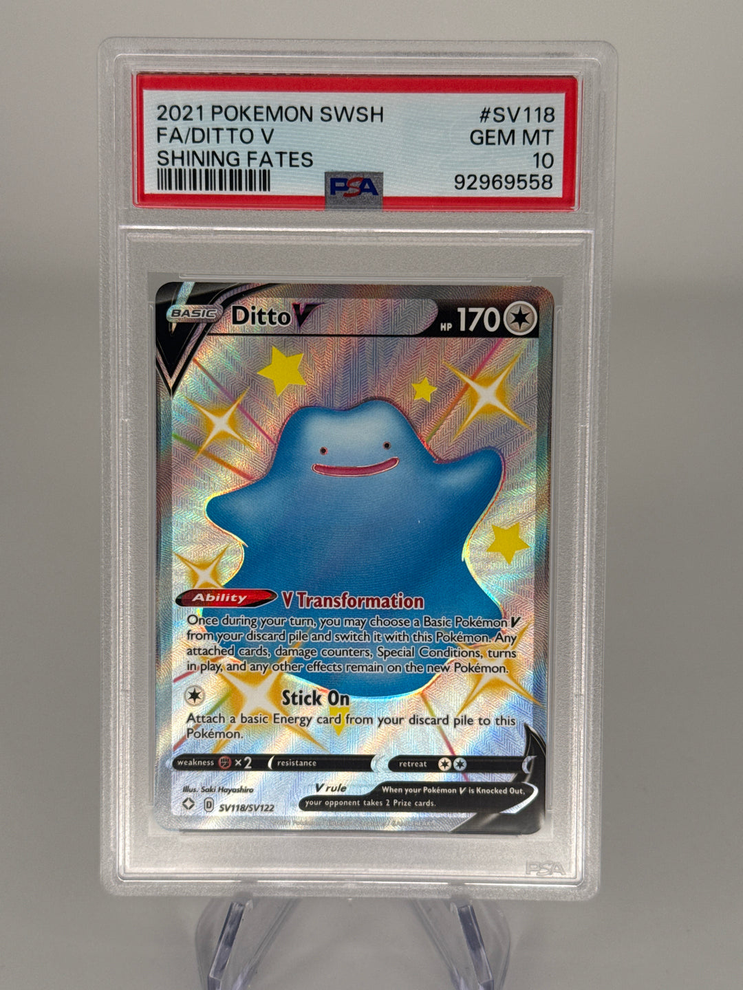 Pokemon TCG 2021 Ditto V Shining Fates Ultra Rare Full Art, SV118/SV122, PSA 10 Gem Mint