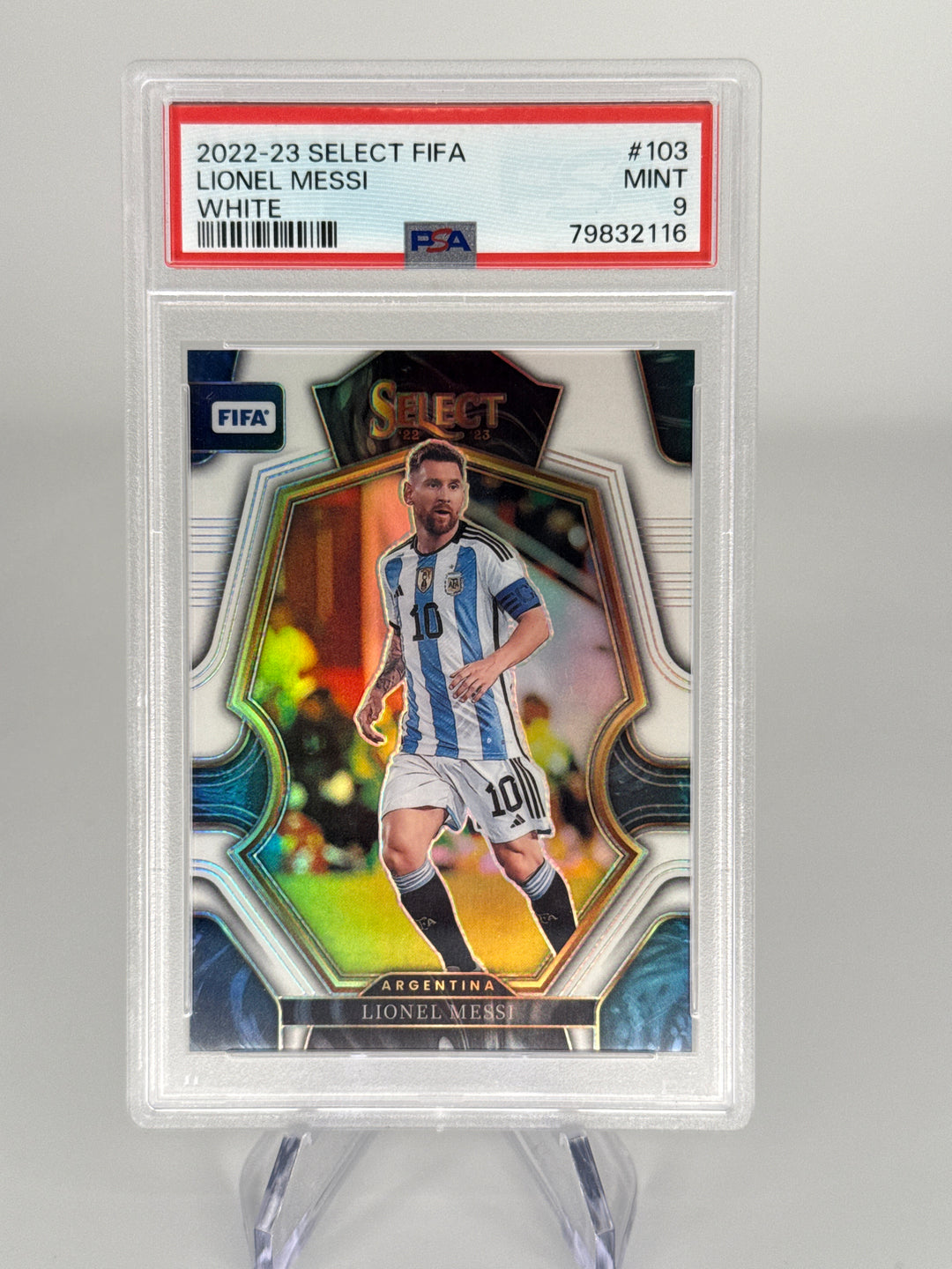 Lionel Messi 2022-2023 Panini Select White Prizm, 06/20, PSA 9 Mint