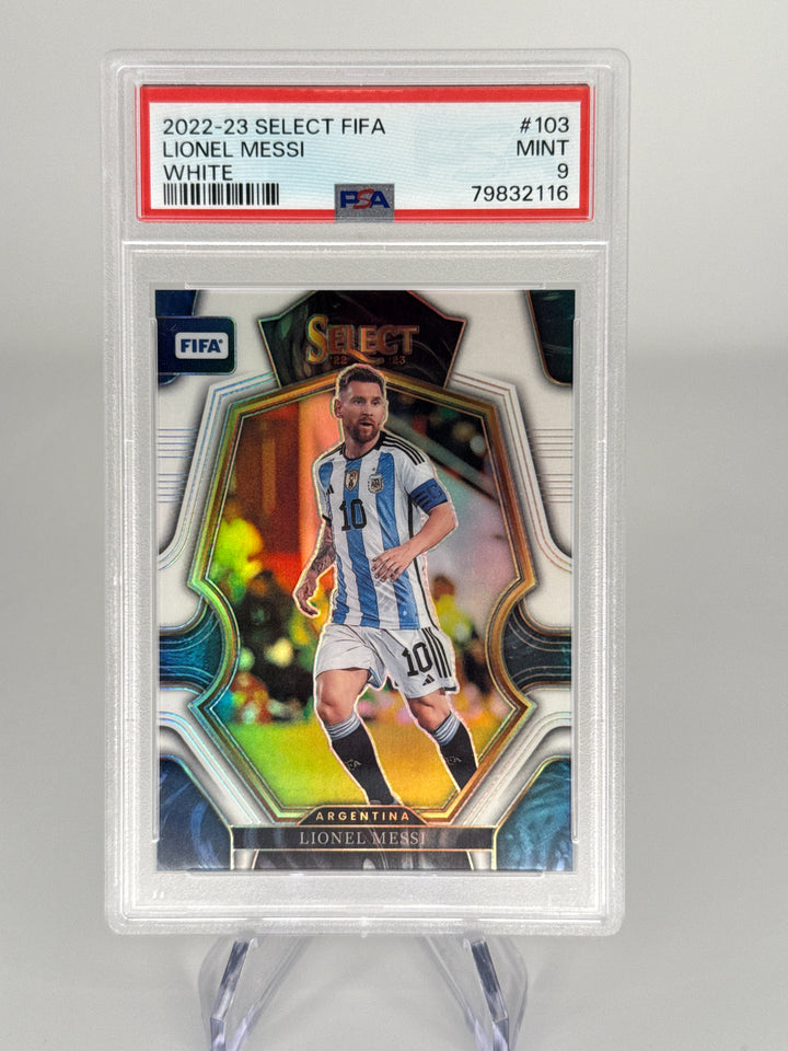 Lionel Messi 2022-2023 Panini Select White Prizm, 06/20, PSA 9 Mint