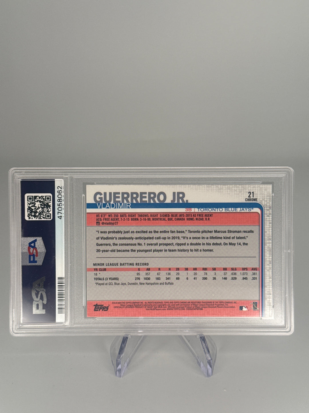 Vladimir Guerrero Jr 2019 Topps Chrome Update Rookie, PSA 10 Gem Mint