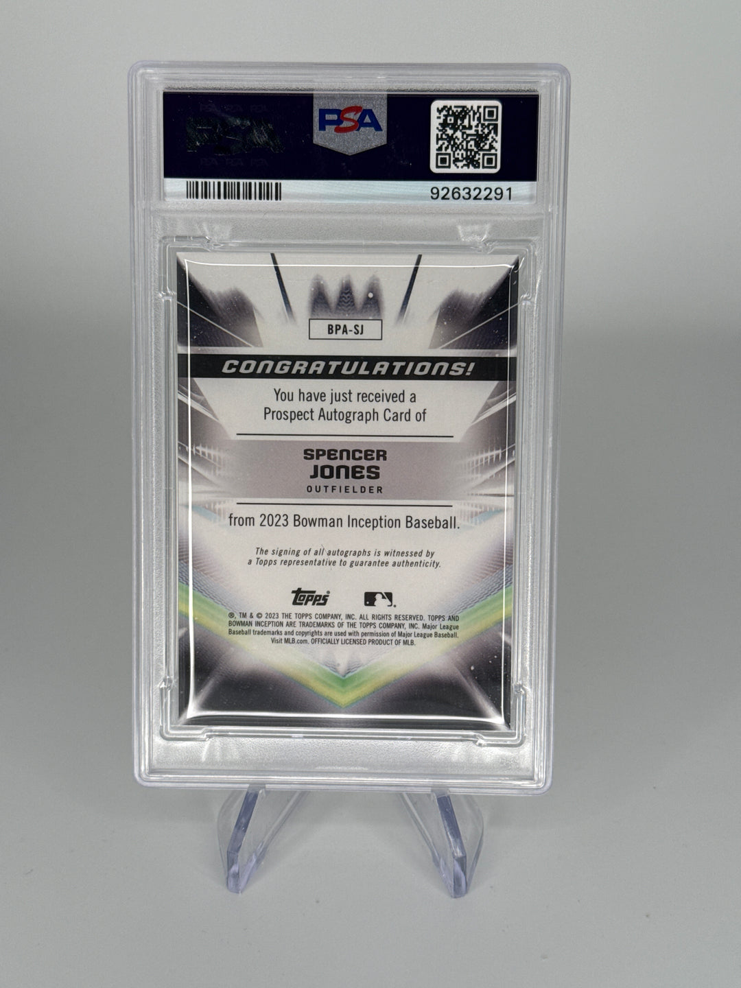 Spencer Jones 2023 Bowman Inception Prospect Auto, 074/200, PSA 10 Gem Mint