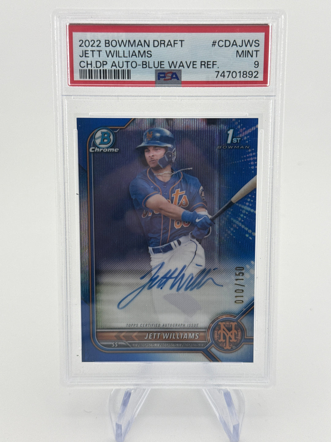 Jett Williams 2022 Bowman Draft Chrome 1st Bowman Blue Wave Refractor, 010/150, PSA 9 Mint