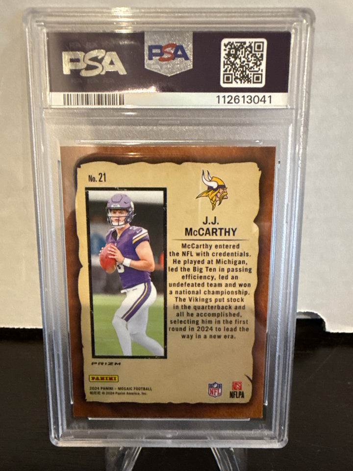 JJ McCarthy 2024 Panini Mosaic Notoriety Red Rookie, PSA 9 Mint
