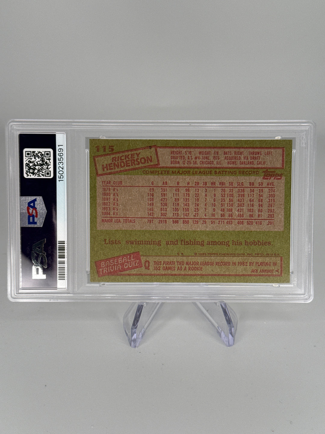 Rickey Henderson 1985 Topps, PSA 9 Mint