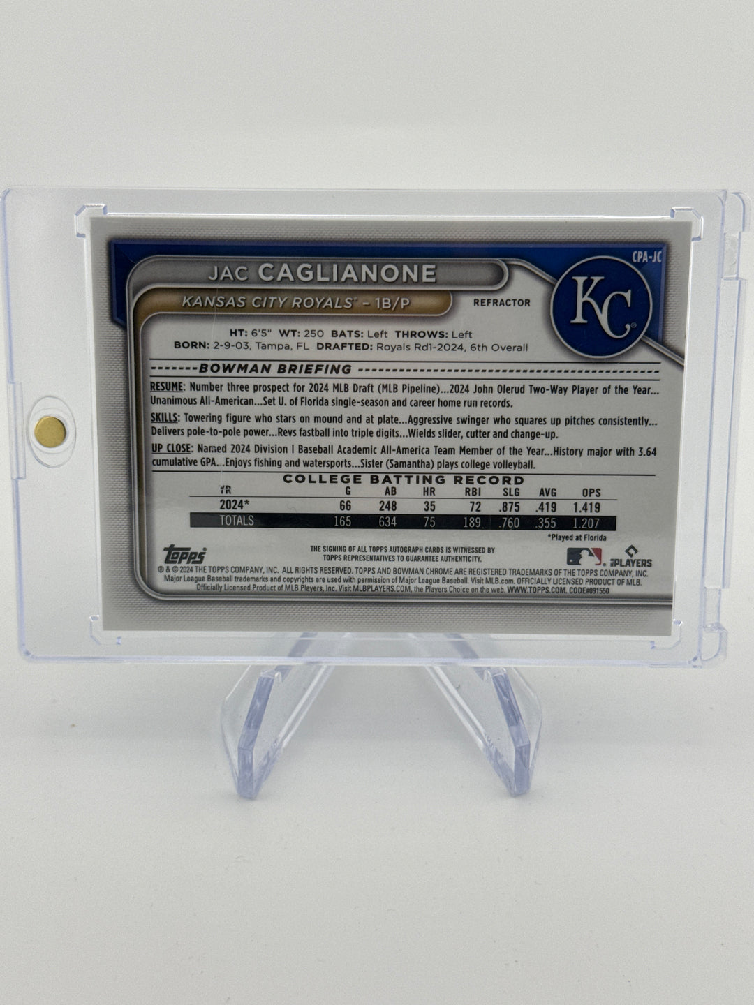 Jac Caglianone 2024 Bowman Chrome Draft Prospect Refractor Auto, 486/499