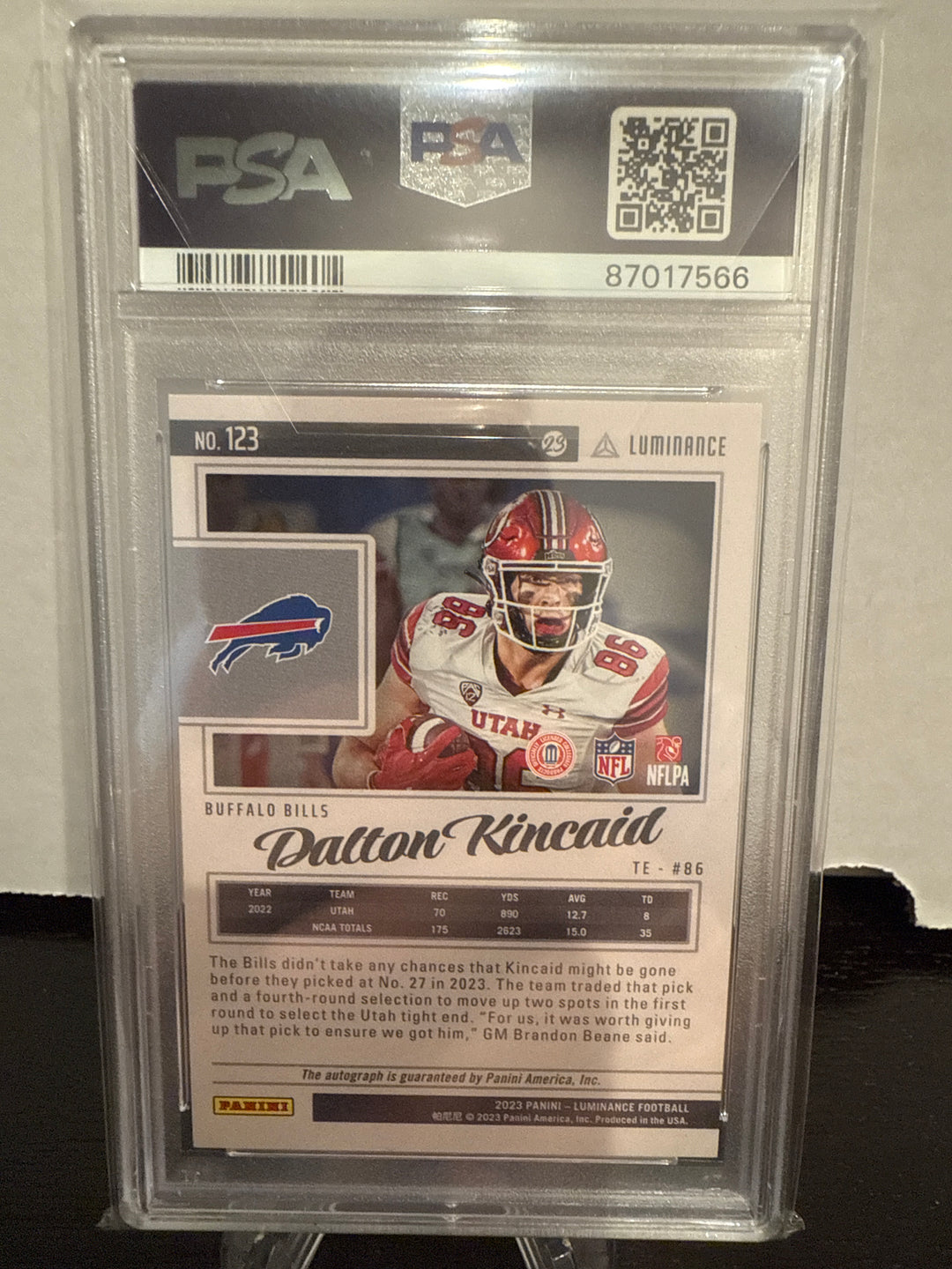Dalton Kincaid 2023 Panini Luminance Rookie Auto Gold, 098/100, PSA 10 Gem Mint