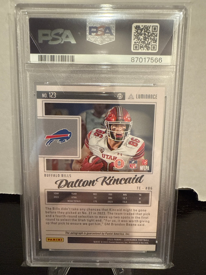 Dalton Kincaid 2023 Panini Luminance Rookie Auto Gold, 098/100, PSA 10 Gem Mint