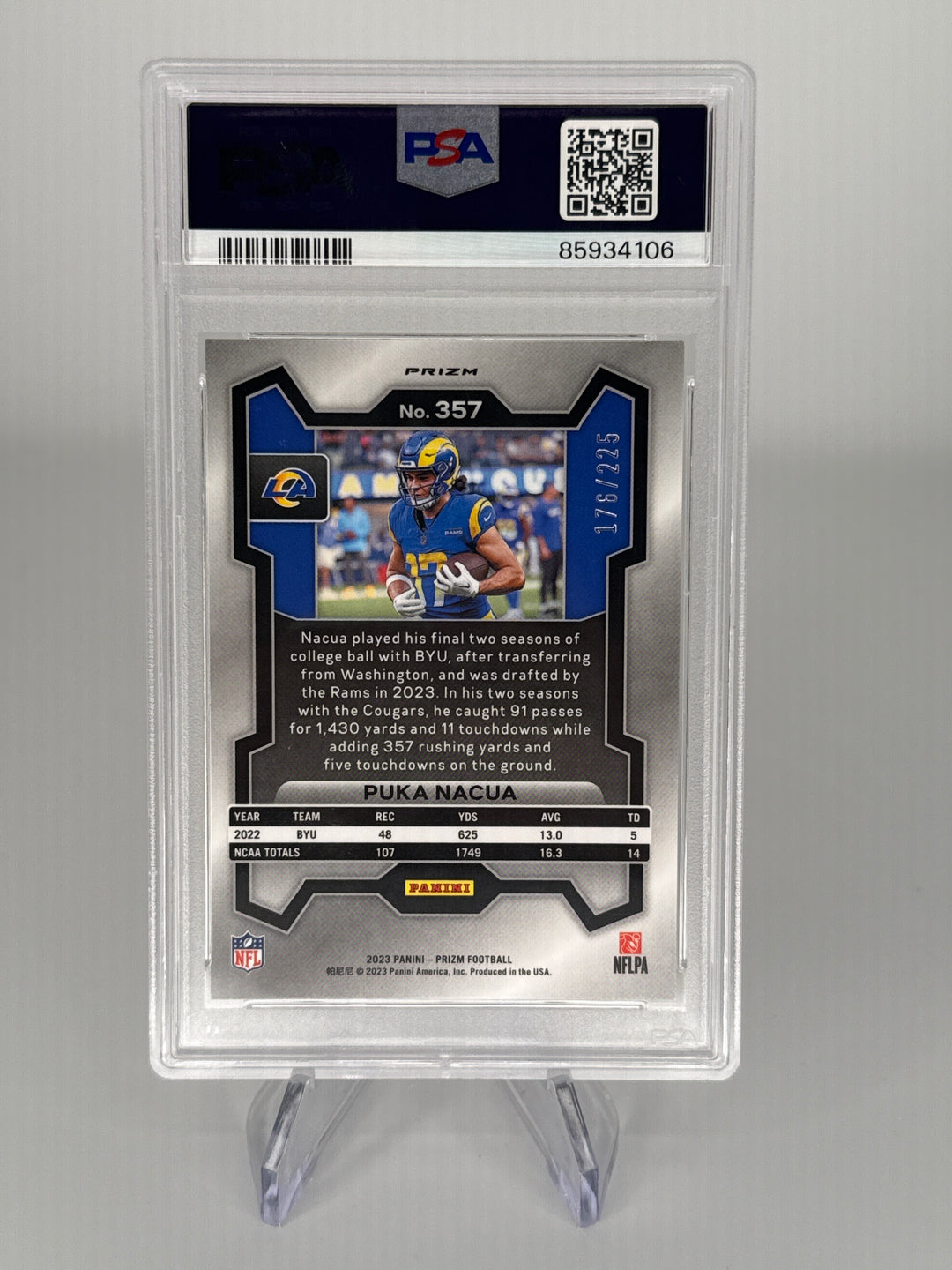 Puka Nacua 2023 Panini Prizm Purple Ice Rookie, 176/225, PSA 10 Gem Mint