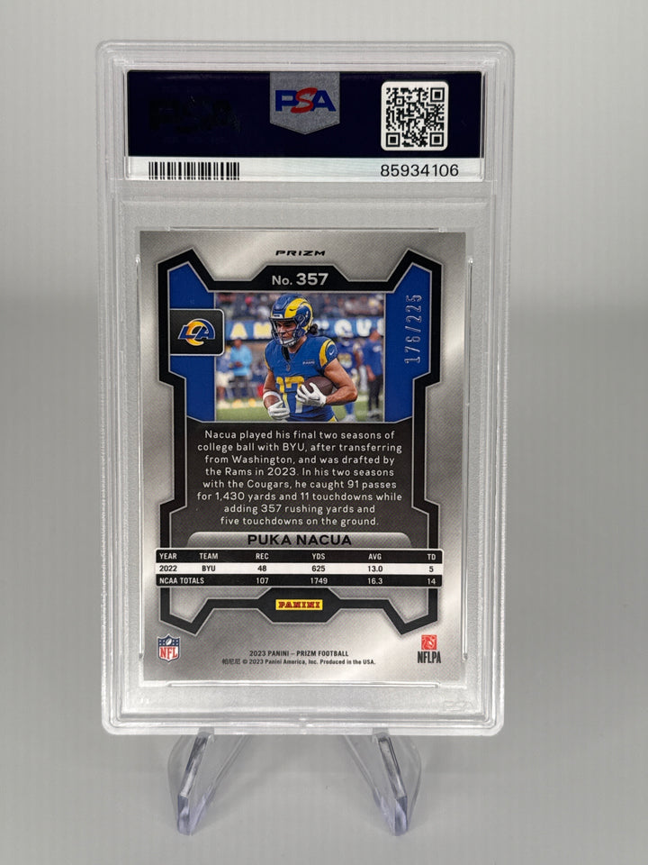 Puka Nacua 2023 Panini Prizm Purple Ice Rookie, 176/225, PSA 10 Gem Mint
