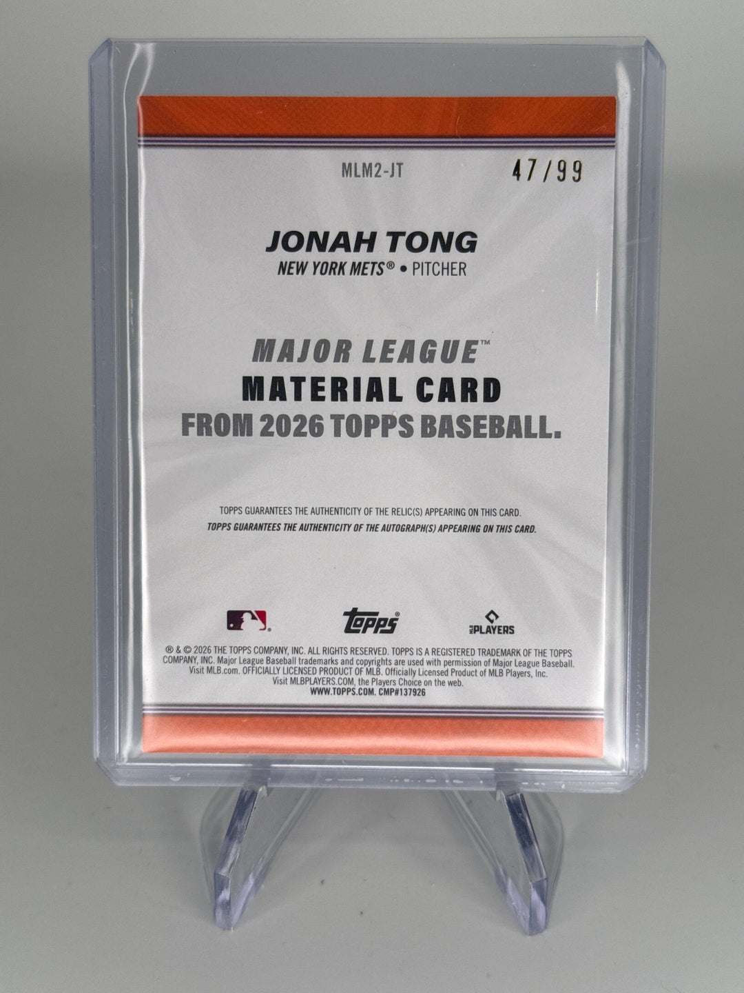 Jonah Tong 2026 Topps Major League Material Rookie Auto, 47/99