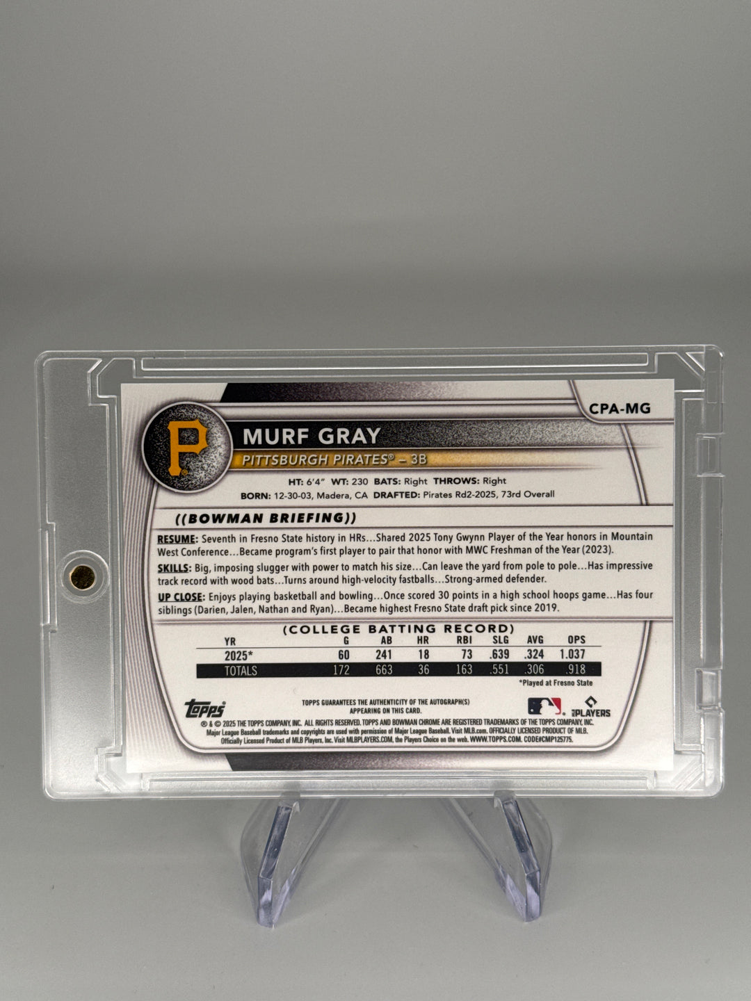 Murf Gray 2025 Bowman Chrome 1st Auto HTA Choice, 113/150