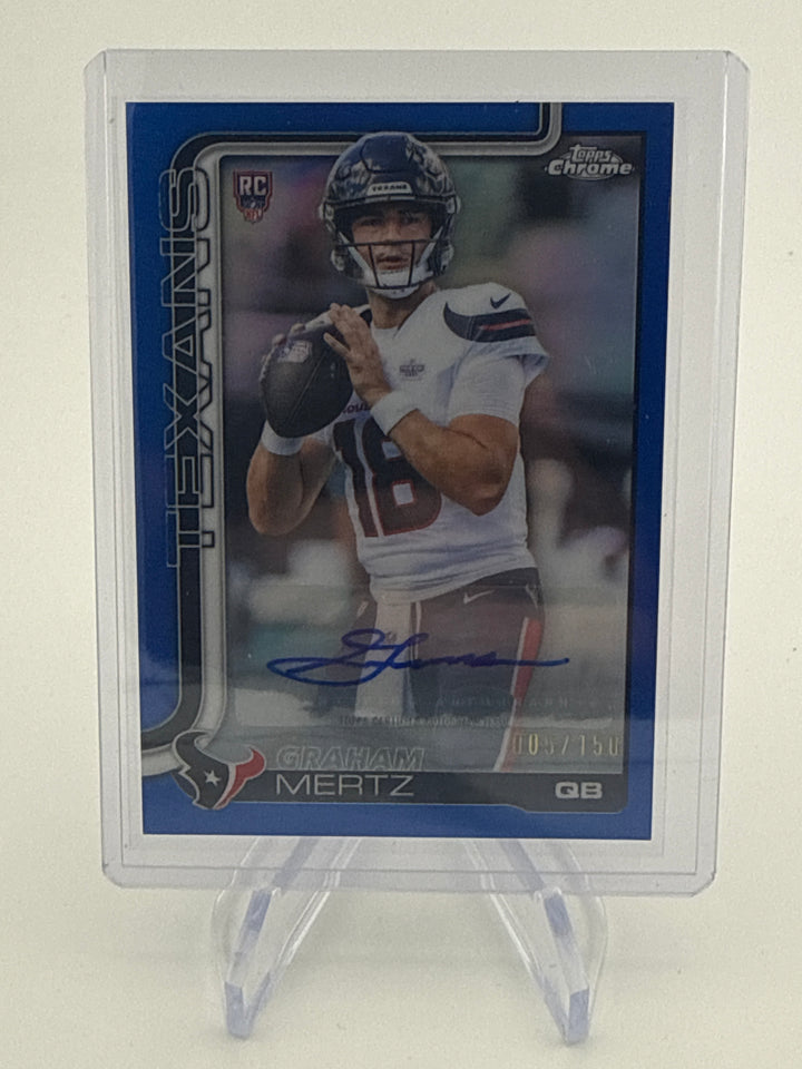 Graham Mertz 2025 Topps Chrome Blue Refractor Rookie Auto, 005/150