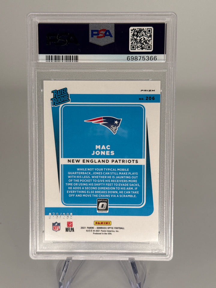 Mac Jones 2021 Panini Donruss Optic Aqua Rated Rookie, 078/299, PSA 10 Gem Mint