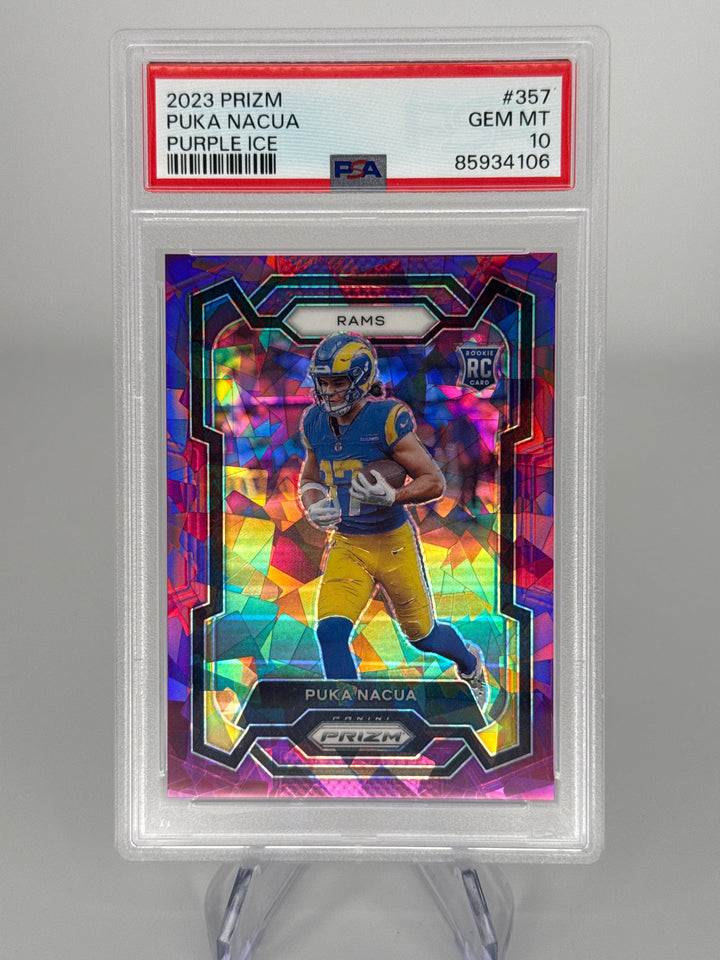 Puka Nacua 2023 Panini Prizm Purple Ice Rookie, 176/225, PSA 10 Gem Mint