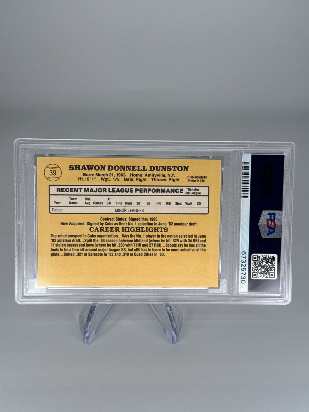 Shawon Dunston 1985 Donruss Rated Rookie, PSA 9 Mint