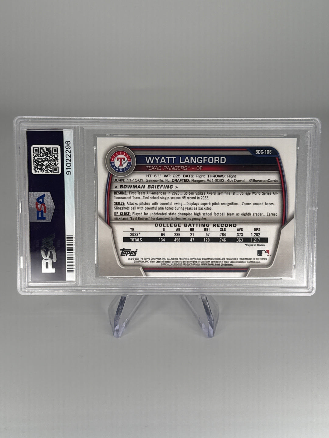Wyatt Langford 2023 Bowman Draft Chrome 1st Sky Blue, PSA 10 Gem Mint