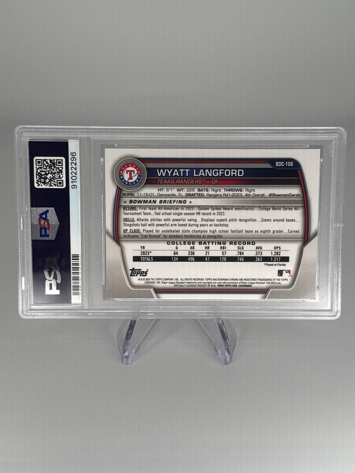 Wyatt Langford 2023 Bowman Draft Chrome 1st Sky Blue, PSA 10 Gem Mint