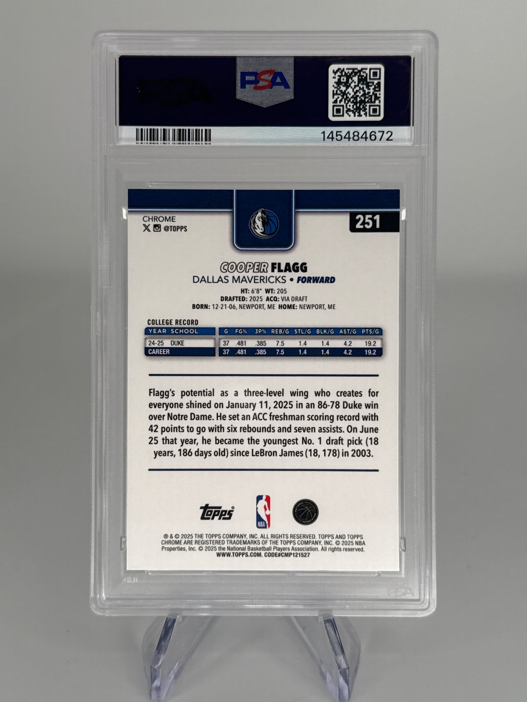 Cooper Flagg 2025 Topps Chrome Basketball Green Basketball Refractor Rookie, 94/99, PSA 9 Mint
